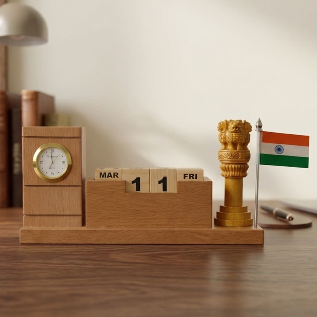 Ashoka Stambh Wooden Desk Organizer with Clock & Calendar